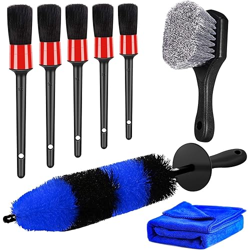 HMPLL 8pcs Car Wheel Brush Set, Car Detailing Kit Include 17" Long Soft Wheel Brush, Tire Brush, 5 Car Detailing Brushes, Car Towel, Wheel Brush Kit for Tire and Rim Cleaning Dirt Without Scratch Car
