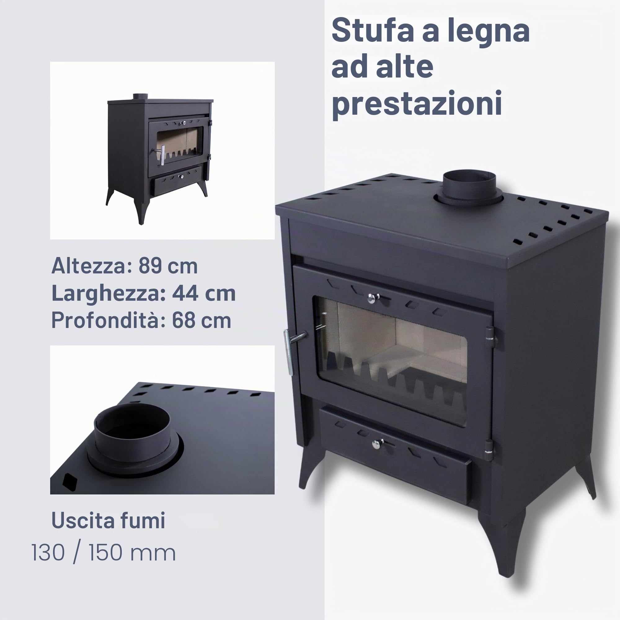 EIDER BIOMASA Stufa a legna 17,05 kW - Compatta 84 x 51 x 66 cm - Basso consumo - Ghisa - Ampia camera per tronchi grandi - Fino a 297 m³ - Classe di efficienza energetica A - Visione del fuoco