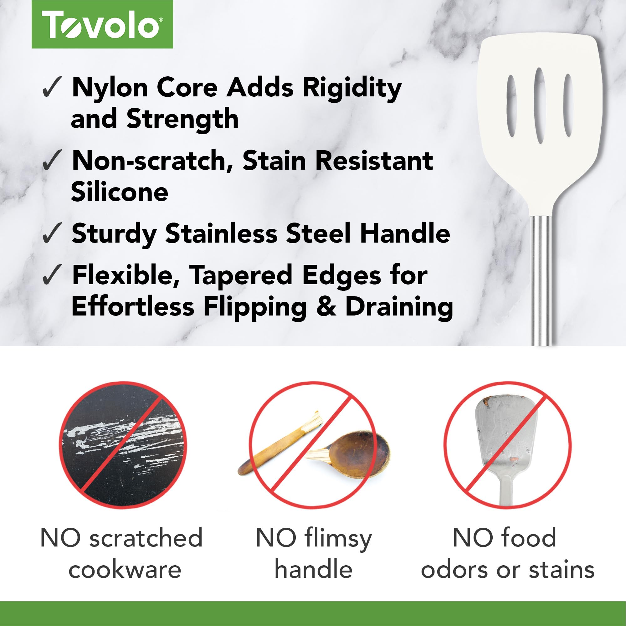 Tovolo Pfannenwender aus Silikon mit Schlitzen und Edelstahlgriff, Pfannkuchenspatel, kratzfestes Küchenutensil für antihaftbeschichtetes Kochgeschirr und Gusseisen-Bratpfannen, Weiß, 1 Stück