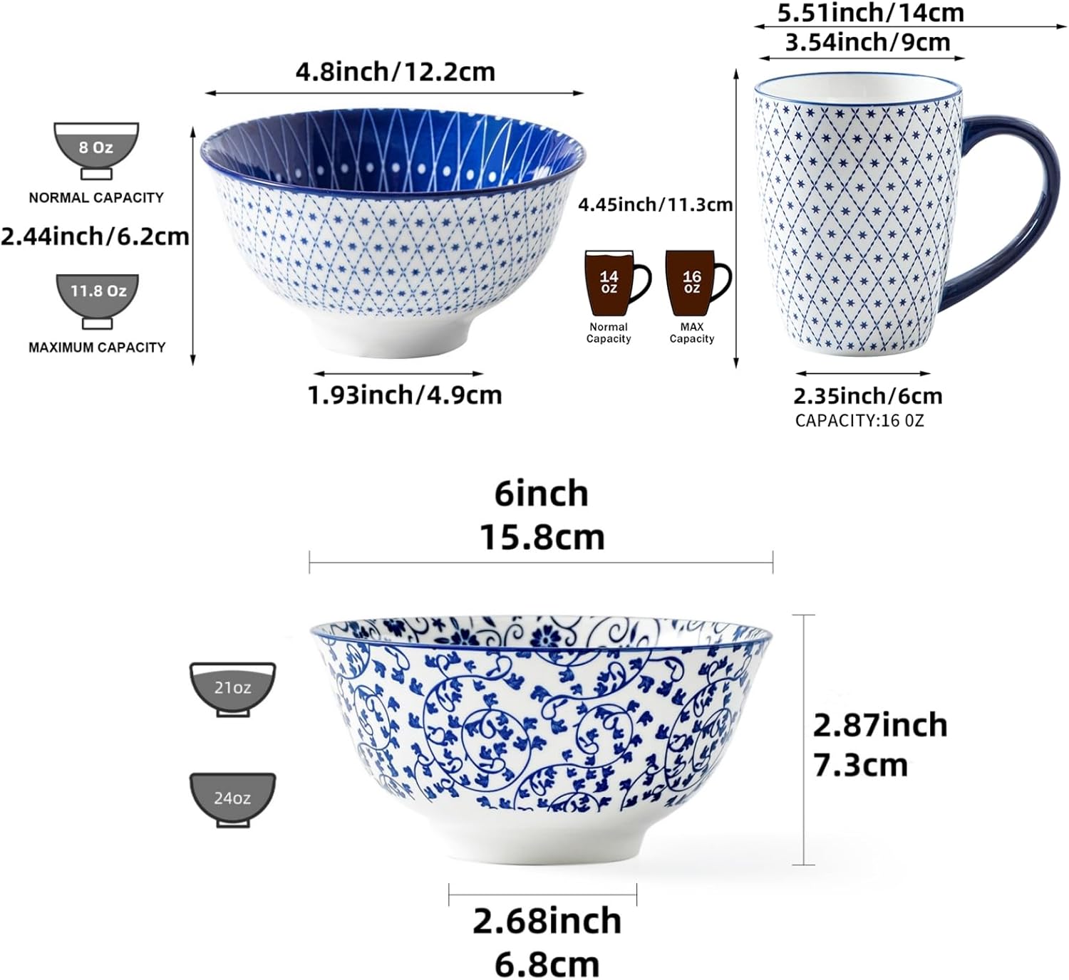 18 Pcs Ceramic Dinnerware - 24 Oz Soup Bowls Set and 12 Oz Dessert Bowls Set and 16 Oz Coffee Mugs Set - Service for 6 - Vintage Blue