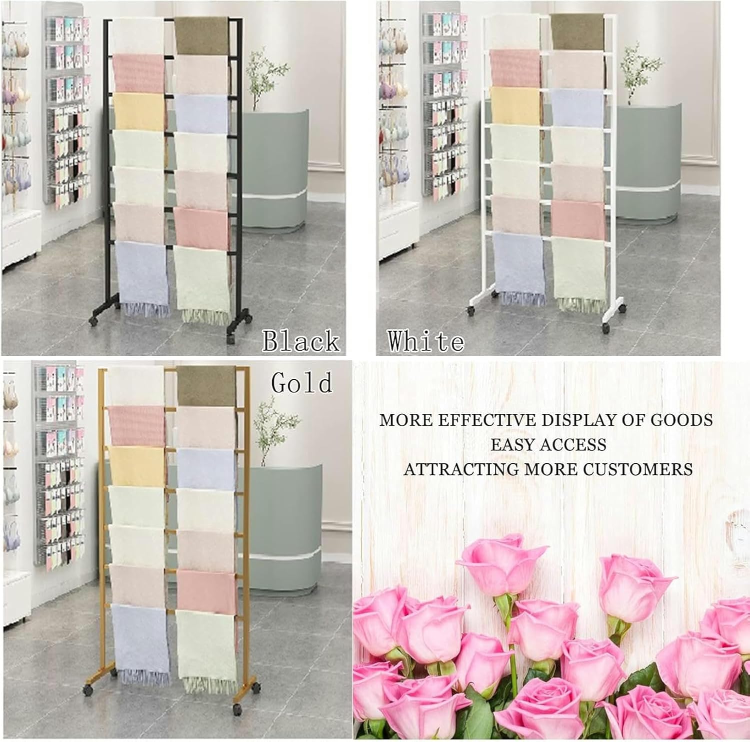 Metal Scarf Stand with Wheels Freestanding Organizer for Scarves Silk Scarves and Ties Clothing Store Retail Shelving with Garment Clips