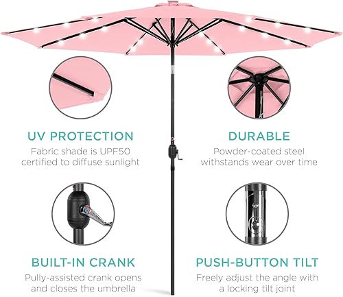 Vista 311 de Best Choice Products - Sombrilla solar de 7.5 pies para exteriores, patio, mesa, mercado, terraza, piscina con inclinación, manivela, luces LED