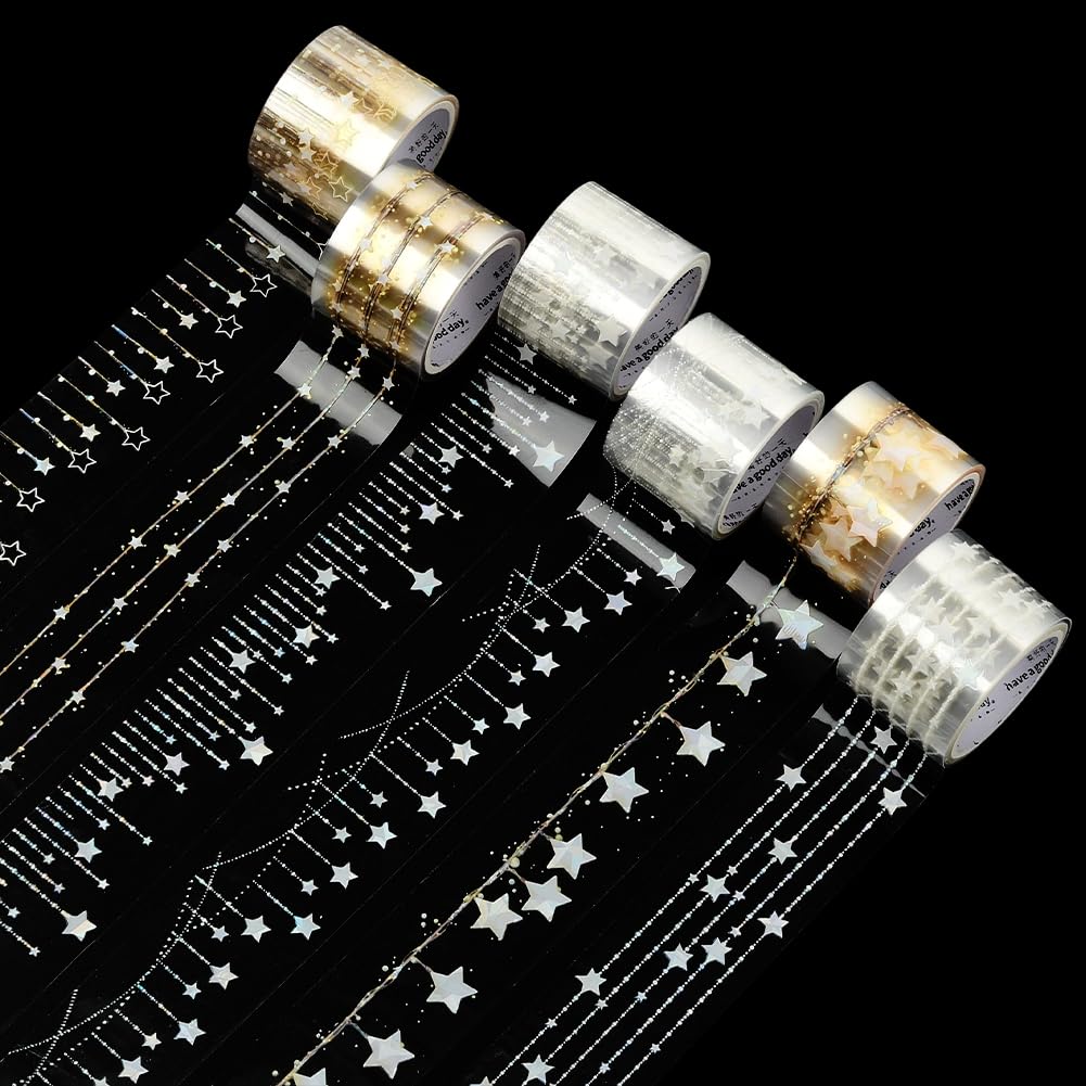Cinta Adhesiva de PET con Forma de Estrella Estilo Vintage 6 Rollos Transparentes