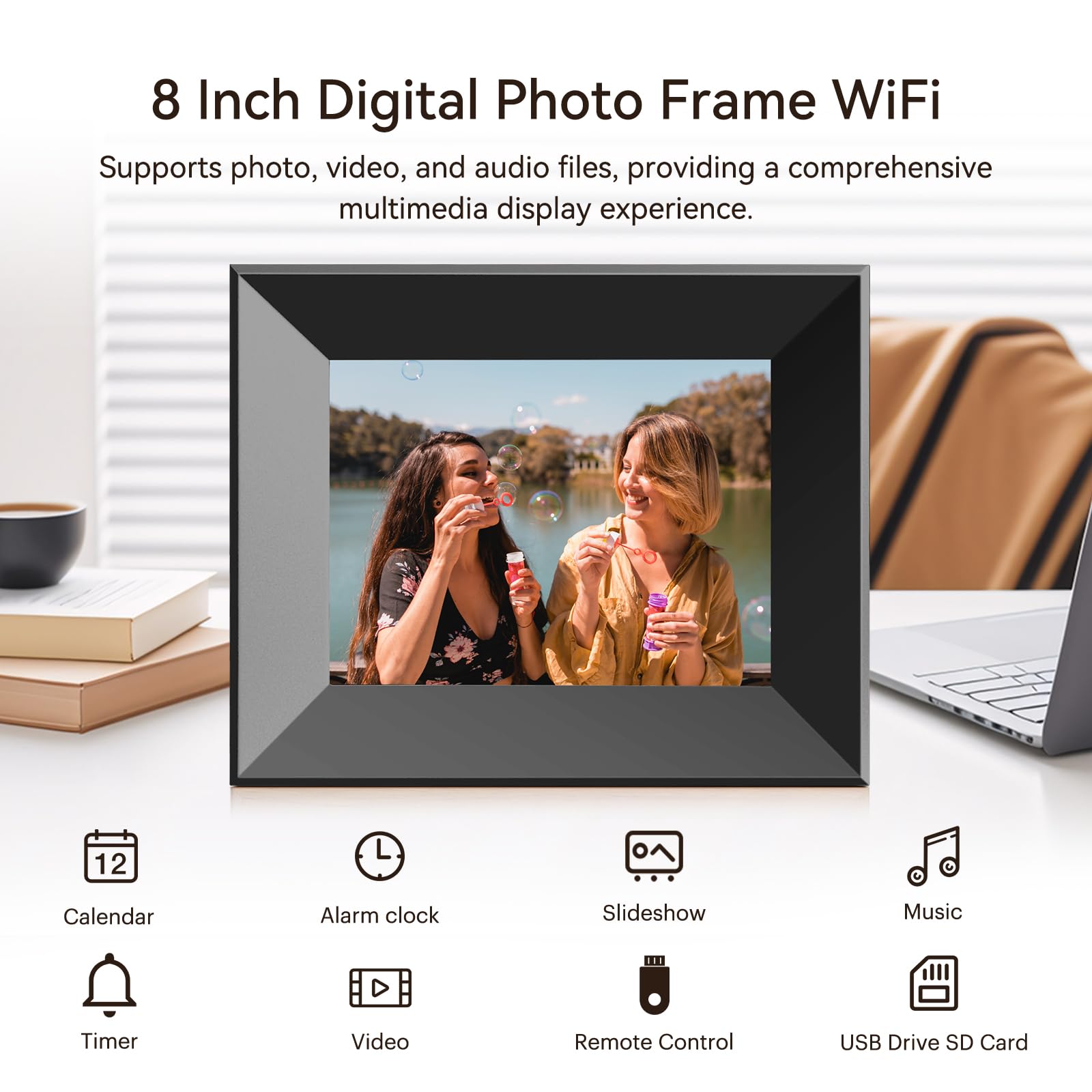 Marco Digital de 8 Pulgadas con WiFi, Smart Cloud, Marcos electrónicos de Madera, HD IPS, Pantalla táctil de 1280 x 800, 16 GB de Memoria, rotación automática, Compartir Fotos y vídeos con la