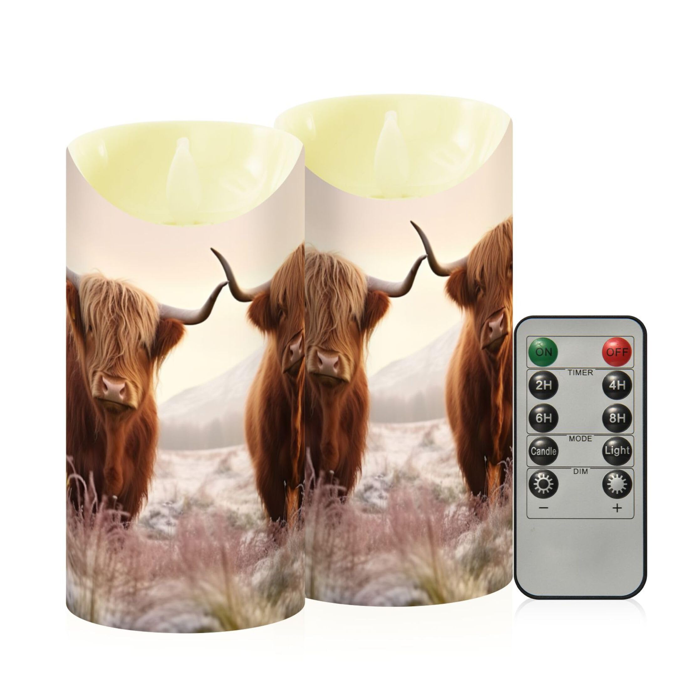 Sevdomey Highland Cow Flameless Candles With Remote Control, Realistic Flame Candles, 24H Timer Battery Operated Led Battery Candles For Home Decor
