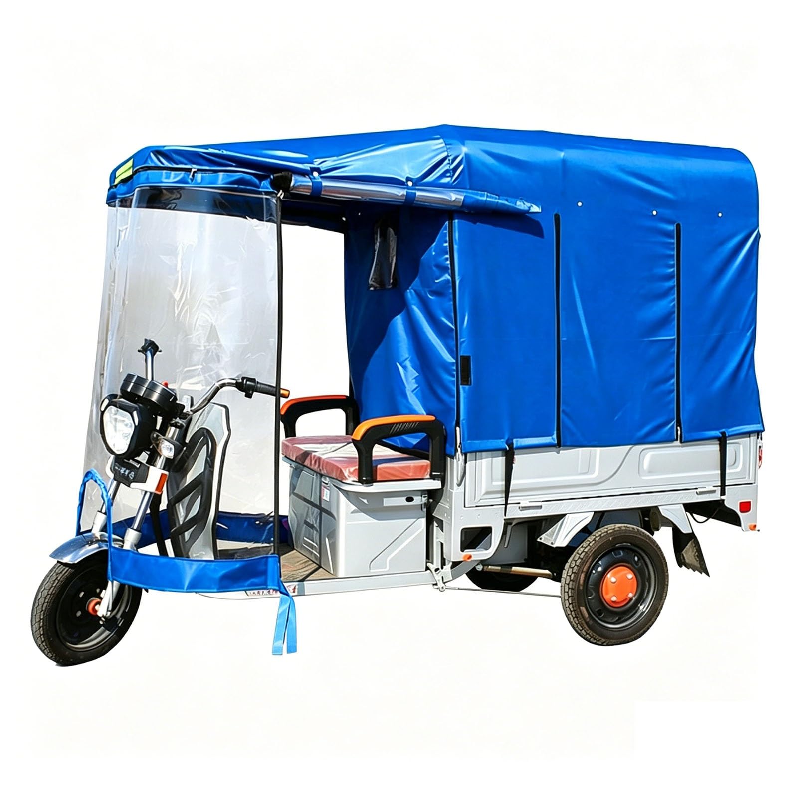 Daszek do Elektrycznego Roweru Trójkołowego, Wodoodporna Osłona Przeciwdeszczowa, z Przezroczystą Szybą Przednią z PCV, do Trójkołowego Roweru Towarowego(Blue,150x110cm)