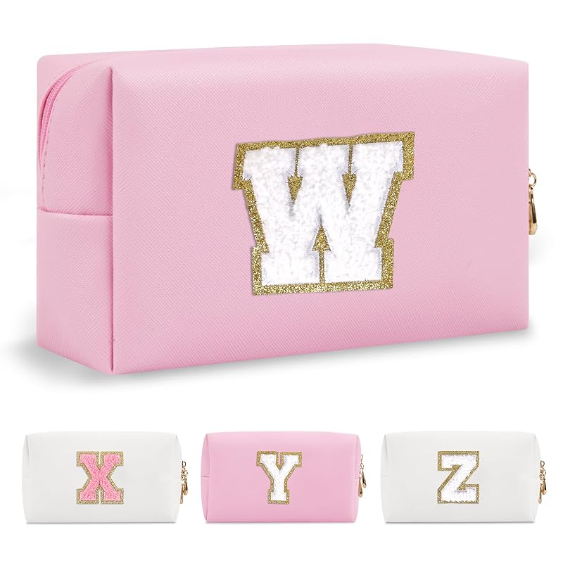 Necessaire de maquiagem ChaoGreat com patch de chenille Letter W, pequena, rosa e zíper