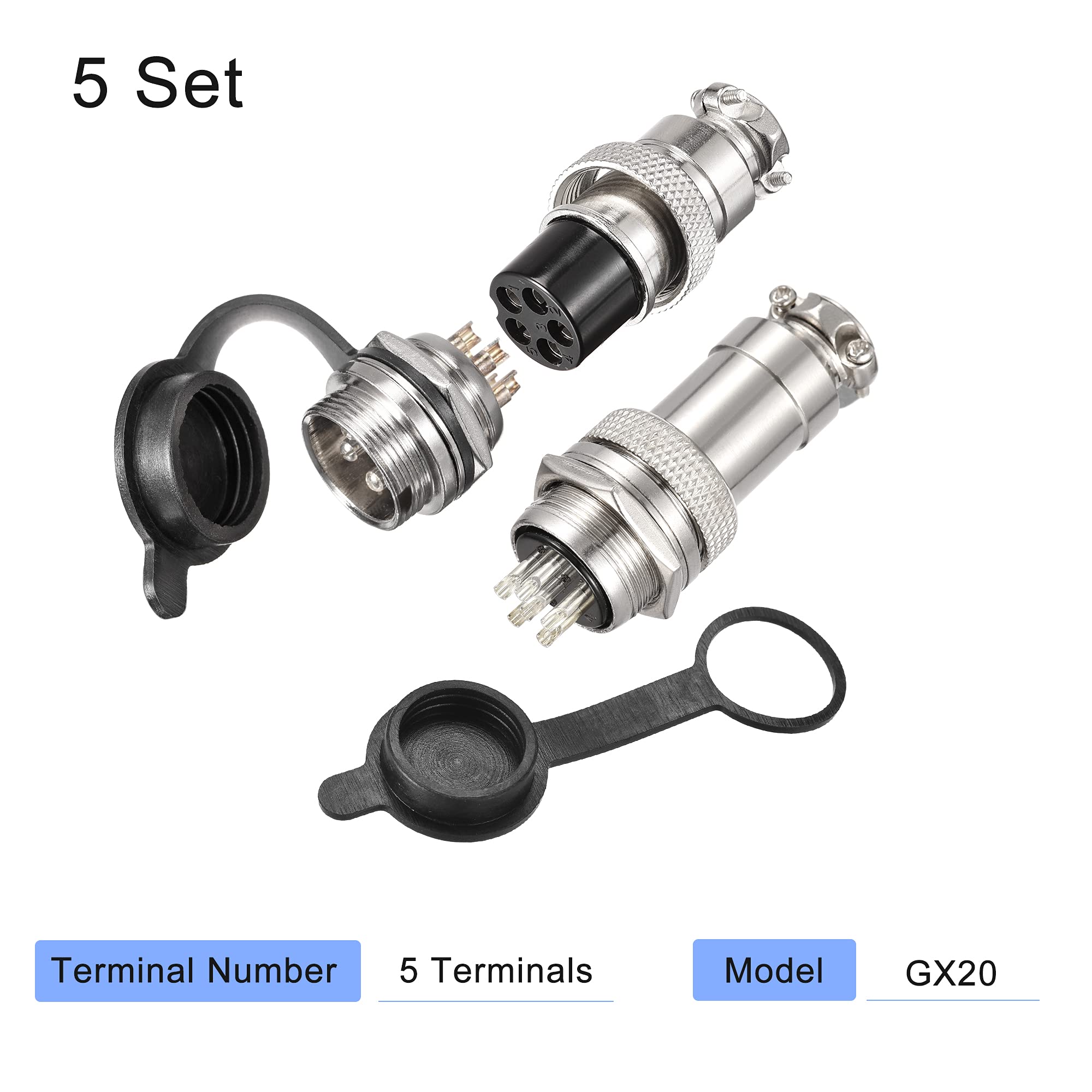 sourcing map Packung mit 5 Sätzen Luftfahrtstecker Set 20mm 5 Klemmen 7A 250V GX20 wasserdichte männliche weibliche Anschlussstücke mit Steckerabdeckung