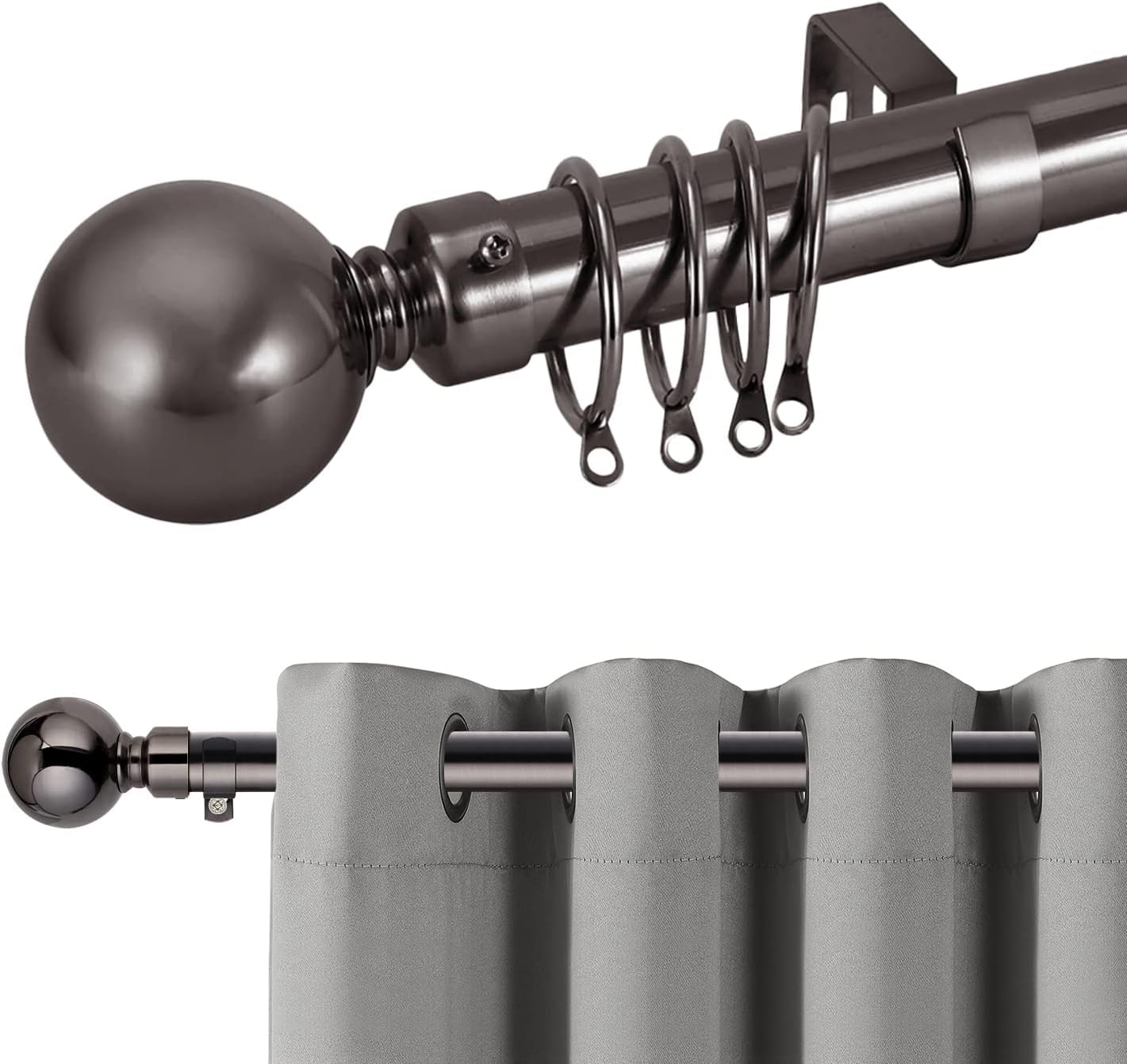 Hafaa Curtain Poles 6 Pack Plain Metal Ball Adjustable Decorative Window Curtain Pole Includes 70 to 120 cm Extendable Curtain Rod, 60mm Size Finials, Rings, Brackets & Fittings Set, Black Nickel — image 1