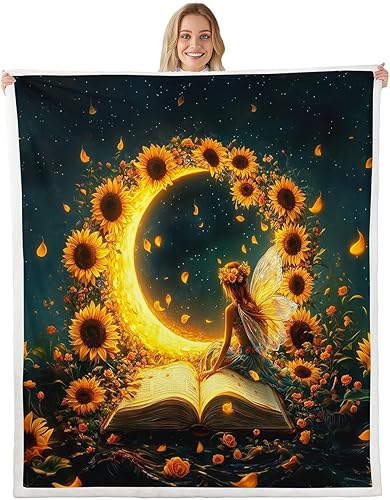 Manfei Fairy Girl Throw Blanket Yellow Sunflower Moon Fuzzy Blanket for Kids Princess Room Decor, Flower Girl Blanket for Bed Couch Sofa, Soft and