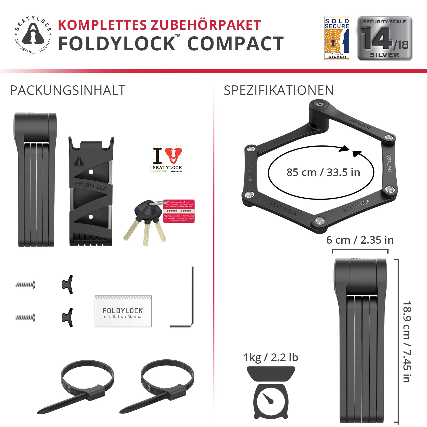 FoldyLock Compact Fahrrad Faltschloss – Patentiertes Testsieger Fahrradschloss mit Schlüssel und Halterung für Hohe Sicherheit – Leicht und Sicher für Ebike, e Scooter und Roller – 85 cm