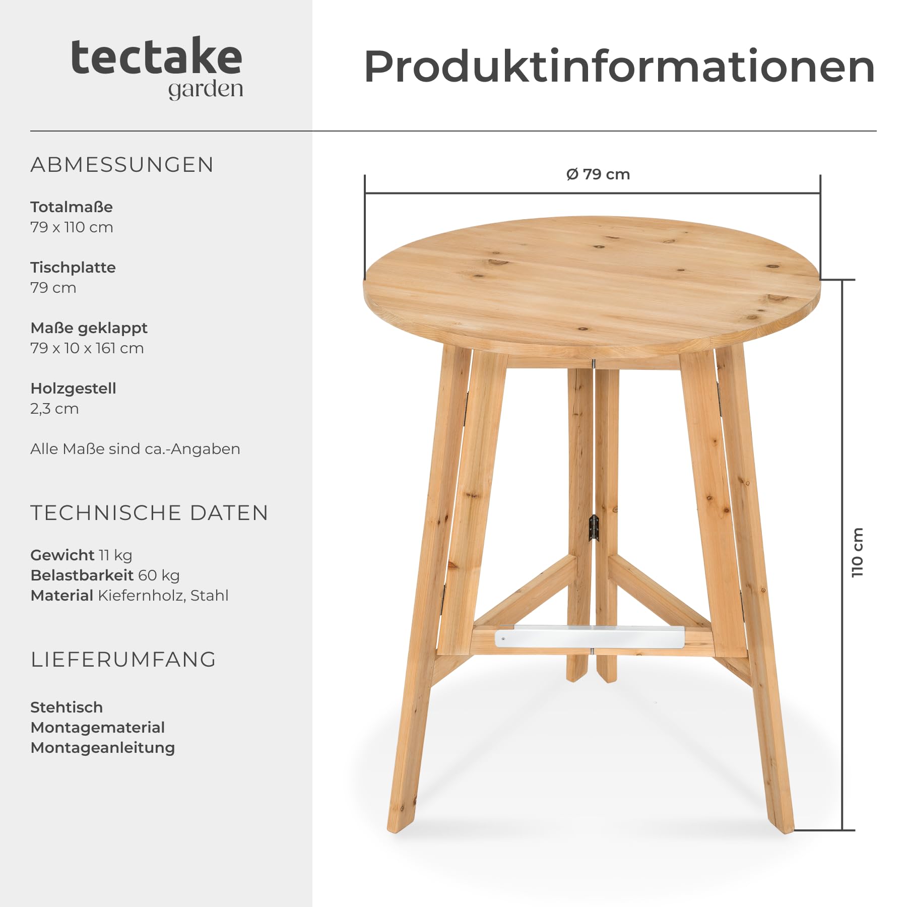 tectake® Klapptisch Holz, Stehtisch klappbar, Tisch rund, klappbarer Bistrotisch, Holztisch, Beistelltisch klappbar, Klapptisch, runder Tisch als Bartisch für Stehempfang - Höhe ca. 110 cm, Ø 79 cm