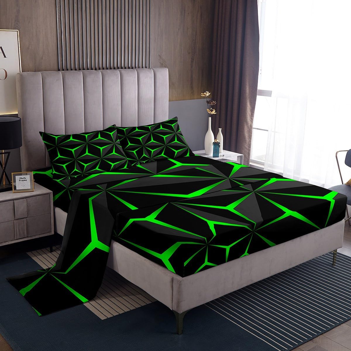 Feelyou Neon Honeycomb Sheet Set King Size,Geometric Stereoscopic Theme Teens Boys Bedding Set,Adults Bedroom Decoration 3D Green Print Fitted Sheet All Season
