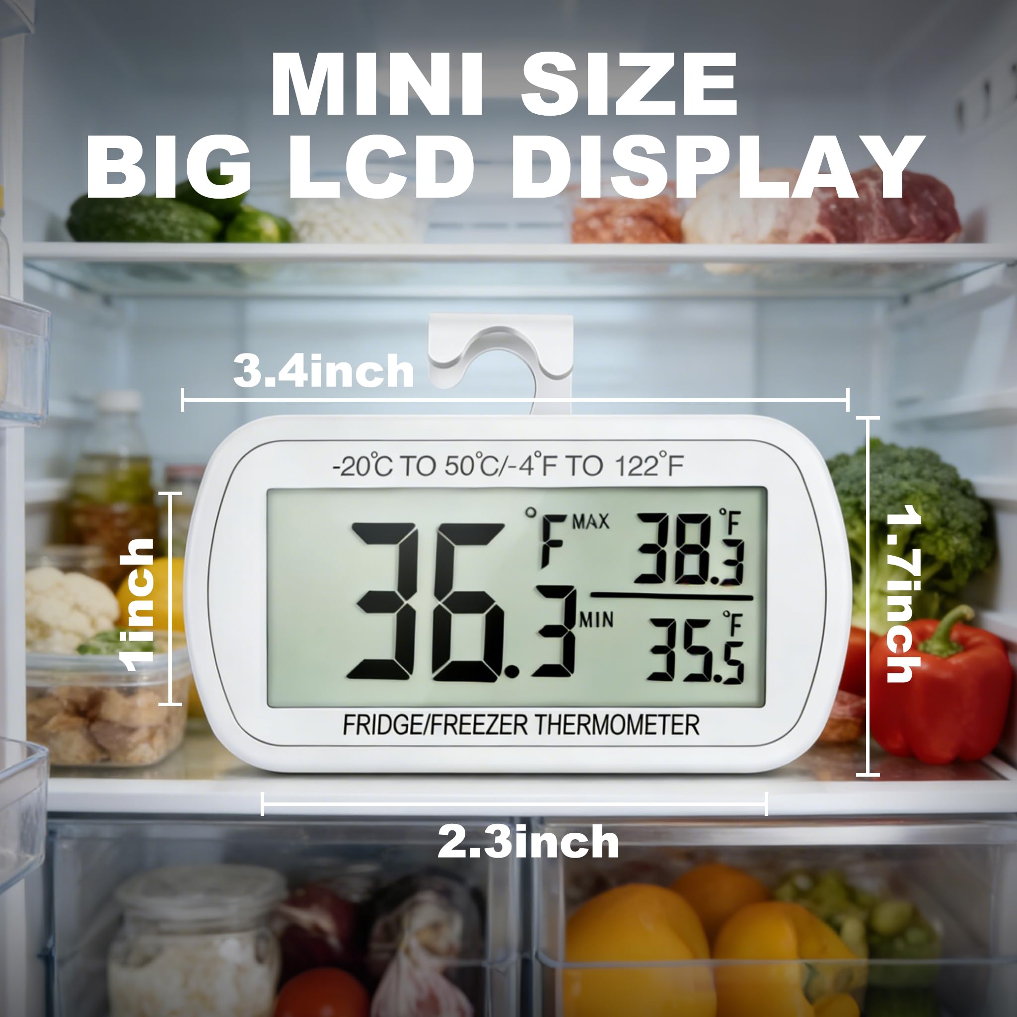 Termómetro para nevera resistente al agua, termómetro digital para congelador, función de grabación máx/min, pantalla LCD grande y parte trasera magnética para cocina, hogar, restaurantes (2 unidades)
