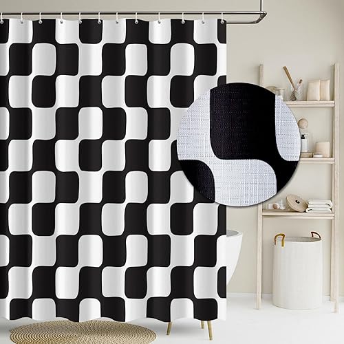 Miniatura 14 de Tititex Cortina de ducha retro de tela de lino sintético de 4.53 oz/m², con patrón de cuadrícula de ajedrez, color beige y verde salvia, juego de