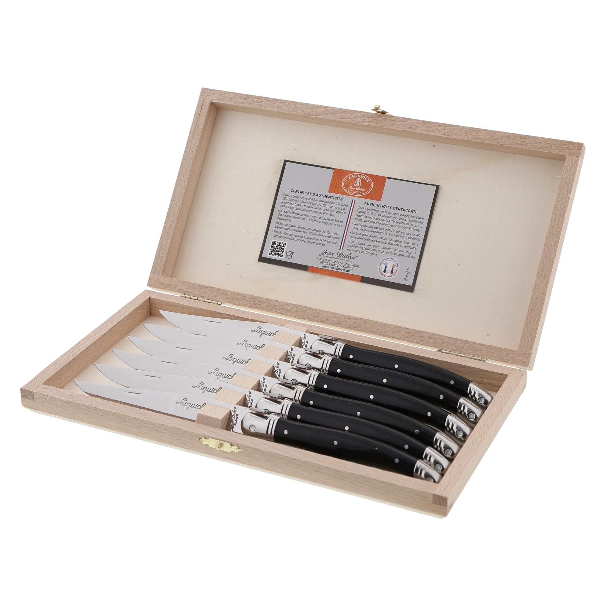 Jean Dubost Laguiole 6-Piece Steak Knife Set, Black Handles - 2.5 mm Blades - Rust-Resistant Stainless Steel - Includes Wooden Box - Made in France