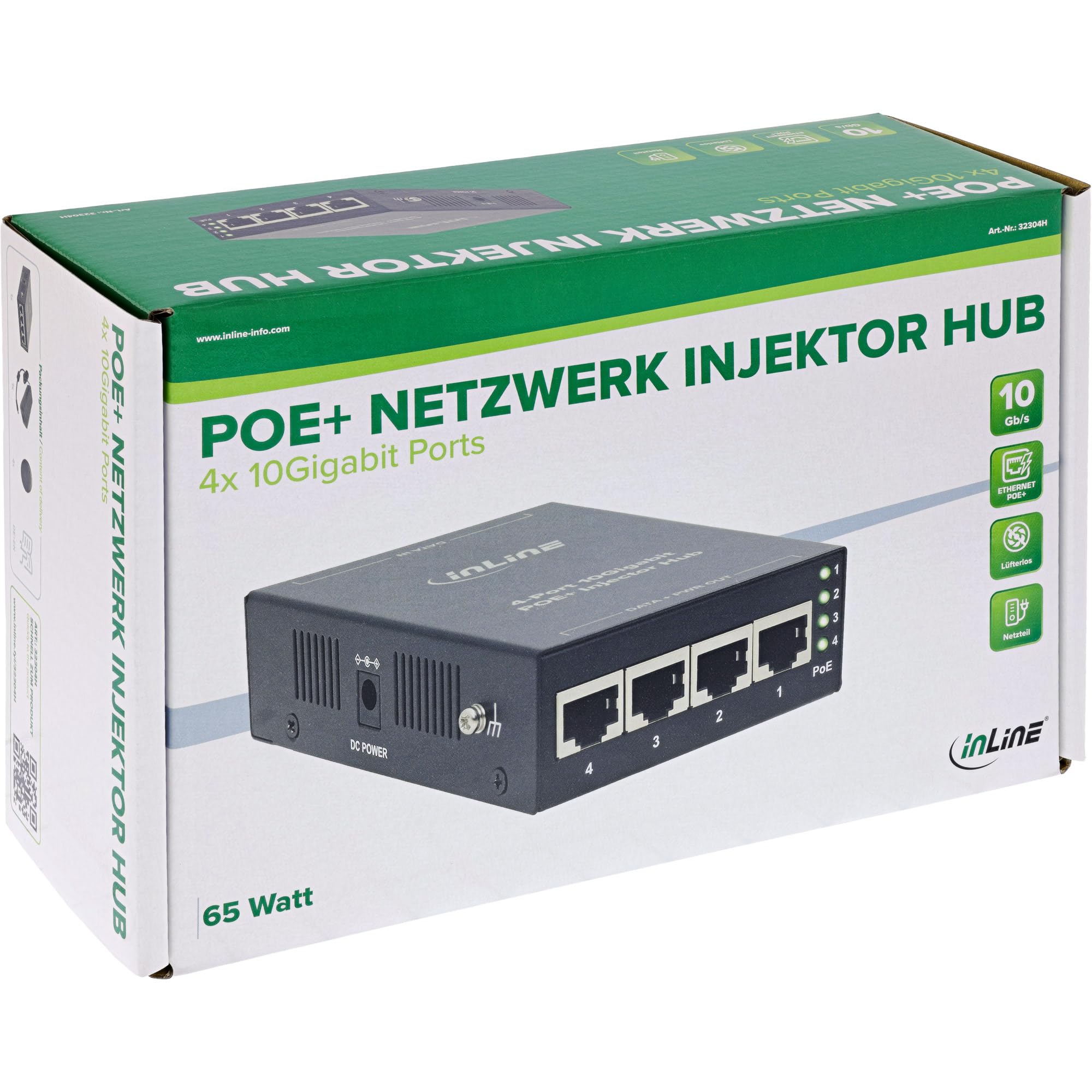 Inline PoE+ Iniettore Hub 4 Porte 10 Gigabit 65W IEEE 802.3af/at | 4 porte PoE+, 65 W di potenza totale, rete 10 Gigabit, compatibile con IEEE 802.3af/at, alloggiamento in metallo compatto