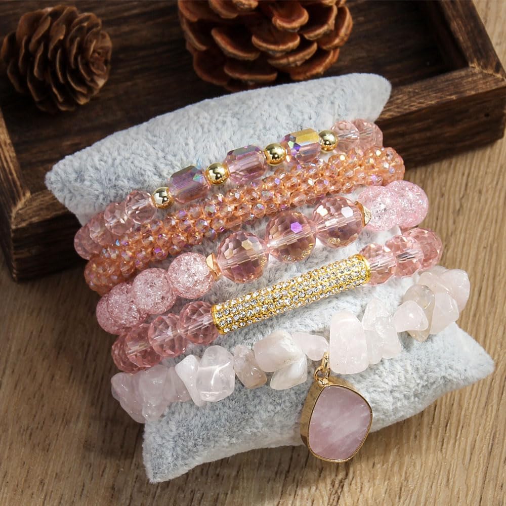 ZOSOJONA 5Pcs Boho Stackable Beaded Bracelets with Crystal Agate Pendant, Stretch Elastic Charm Bracelets for Women Jewelry Gifts - Image 3