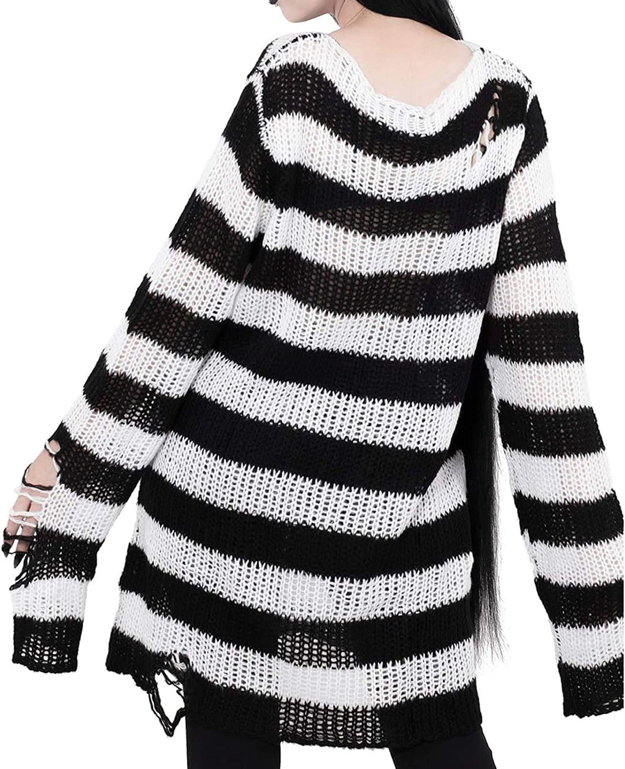 Women's See Through Hole Ripped Striped Long Knit Pullover Dress Sweaters Shirt - Image 2
