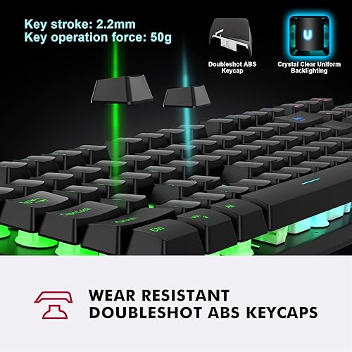 Miniatura 6 de NPET Combo de teclado y mouse inalámbricos para juegos S21, retroiluminación RGB, teclado ergonómico silencioso de sensación mecánica, mouse para