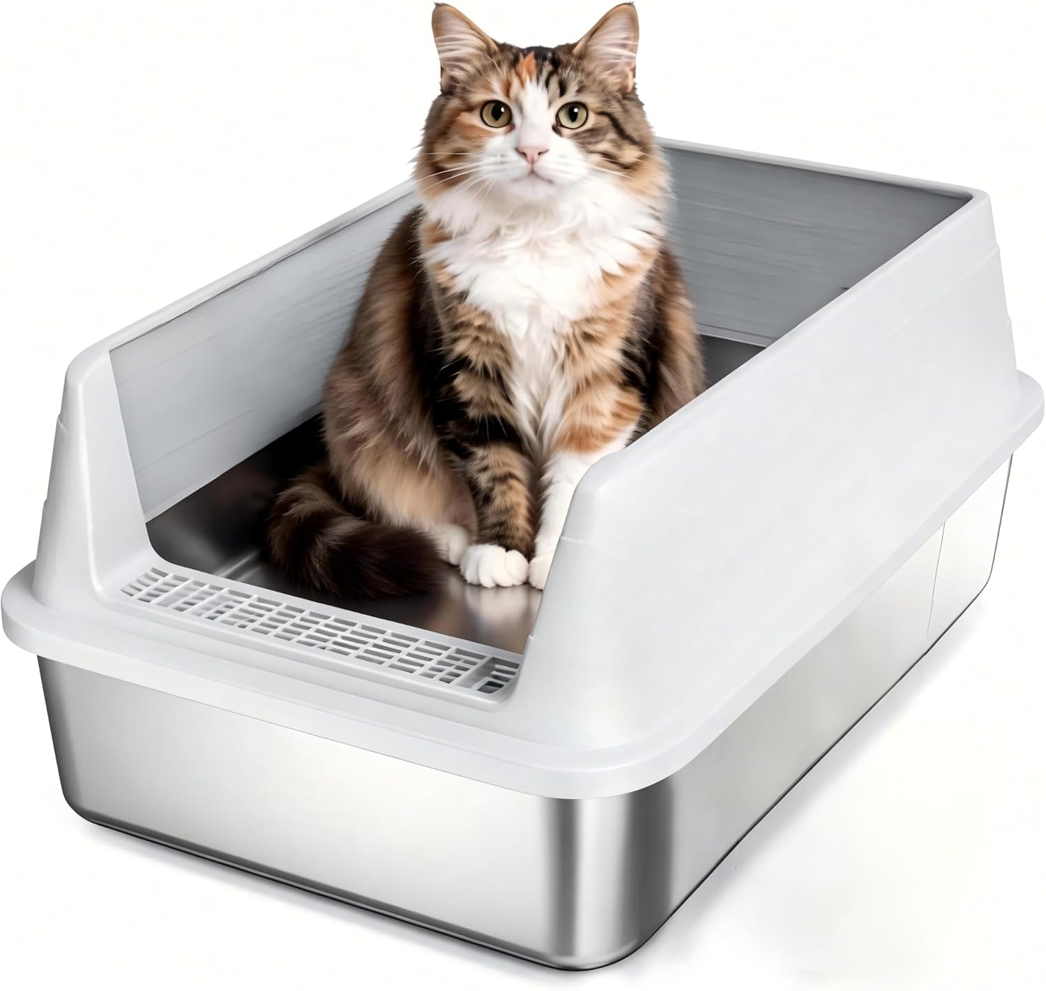 Extra Large Stainless Steel Litter Box, Odor Control Metal Litter Box with High Sides Enclosure & Anti-Tracking Pedal, Low Entry Non-Stick High Sided Stainless Steel for Cats, Easy Clean