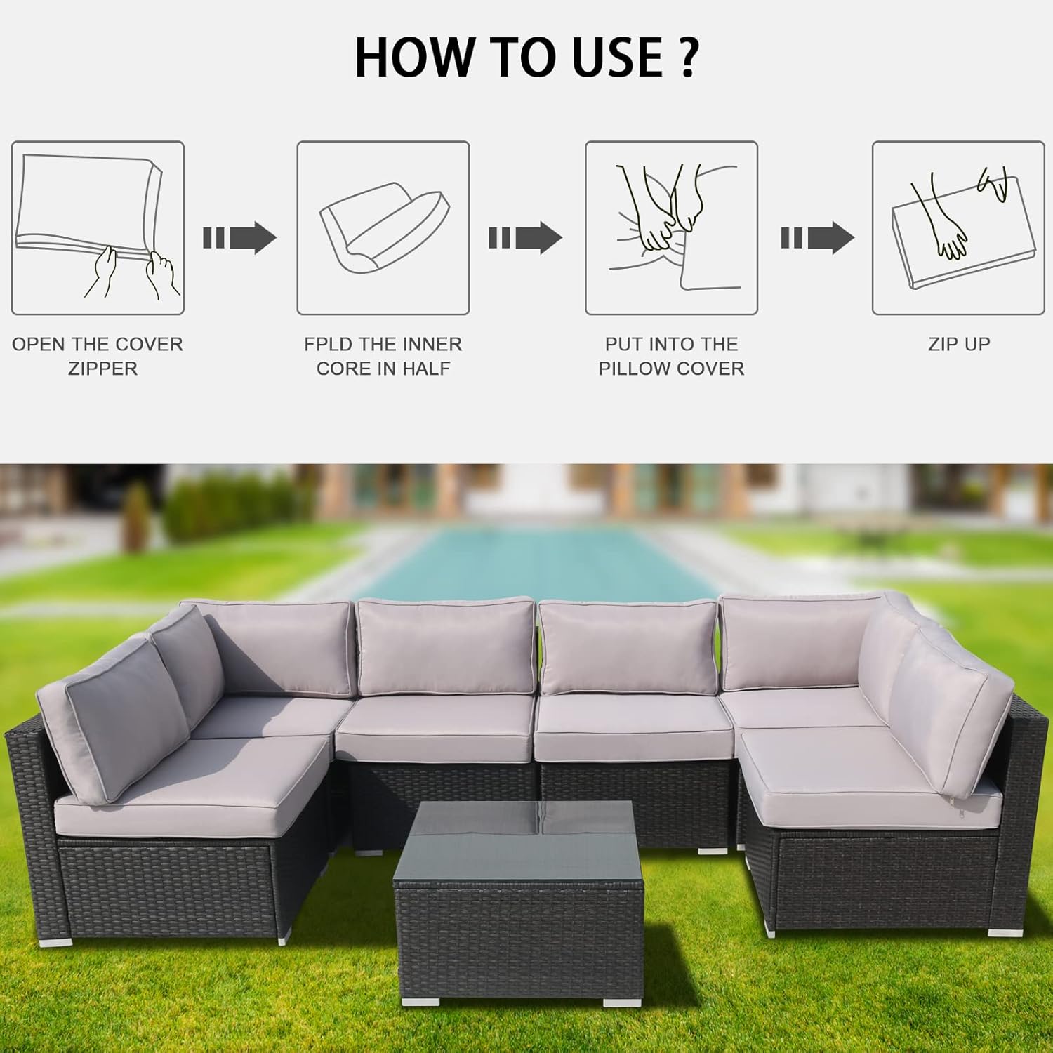 14pcs patio cushion covers replacement splashproof uv-resistant inelastic covers with zippers, max compatible 25.6x25.6x4inch patio cushion, for 7 pcs outdoor patio furniture sets grey 25.6*25.6*4inch