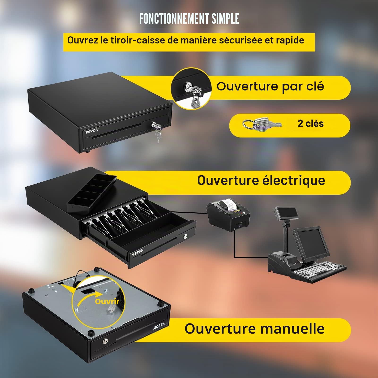 VEVOR Tiroir-Caisse Enregistreuse 33,6 cm Manuel Automatique 4 Billets 5 Pièces RJ11 RJ12 POS