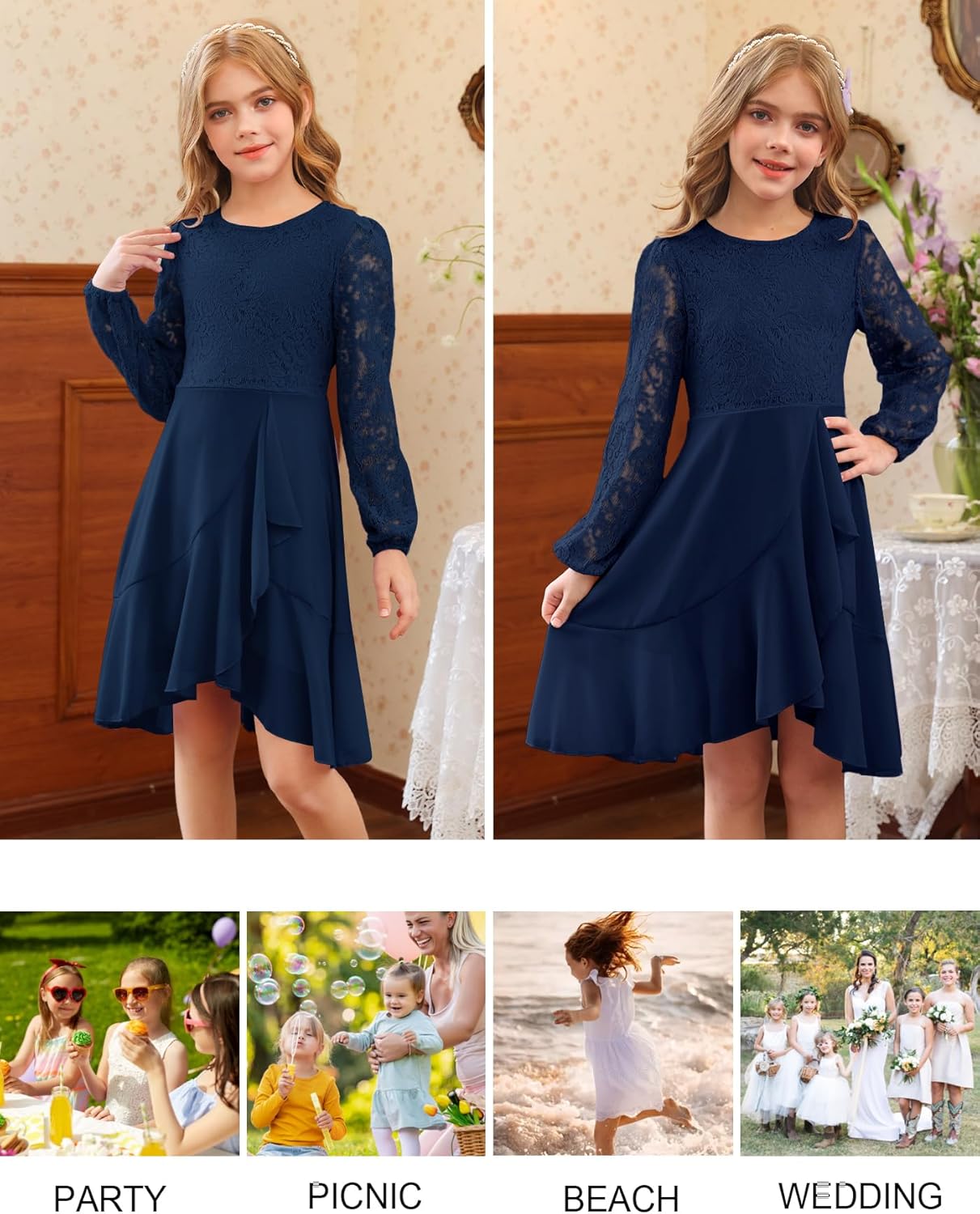 MITILLY Girls Lace Flower Ruffle Dress Long Sleeve Chiffon A Line High Low Junior Bridesmaid Dresses for Wedding Party New - Image 5
