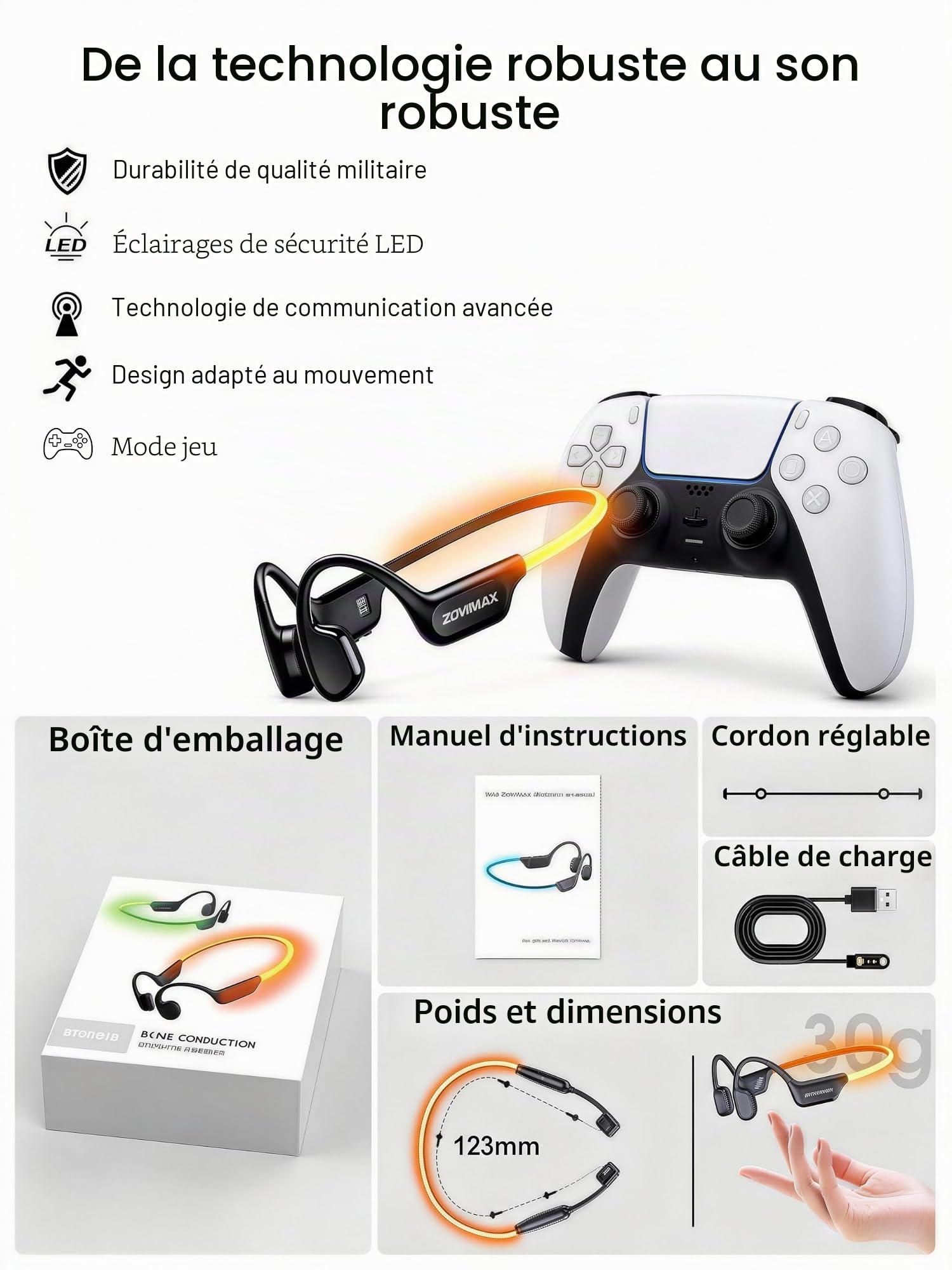 Casque à Conduction Osseuse Bluetooth 6.0 avec Lampe LED de Sécurité, Design Ouvert Oreilles Libres, Microphone Anti-Vent, IPX7 Étanche, 10H d'Autonomie, Casque Sport pour Course et Fitness