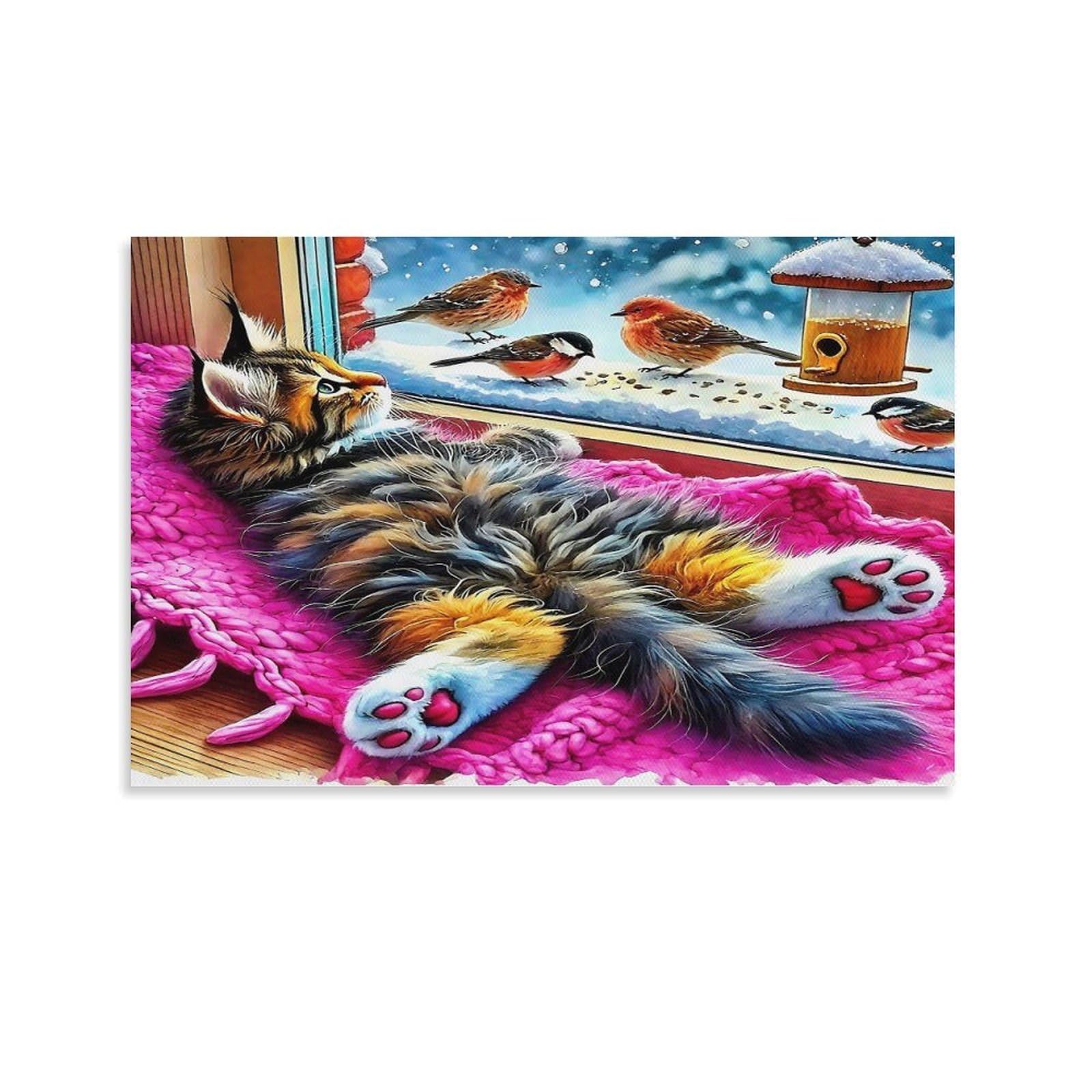 CPLVKWRQJ Sleeping Kitten Under Starry Sky Single Piece Tabby Cat Watching Birds Warm Pink Blanket Canvas Artwork - Kitchen Removable Wall Art Multi-Purpose Ready to Hang Decor 20x30inch(50x75cm)