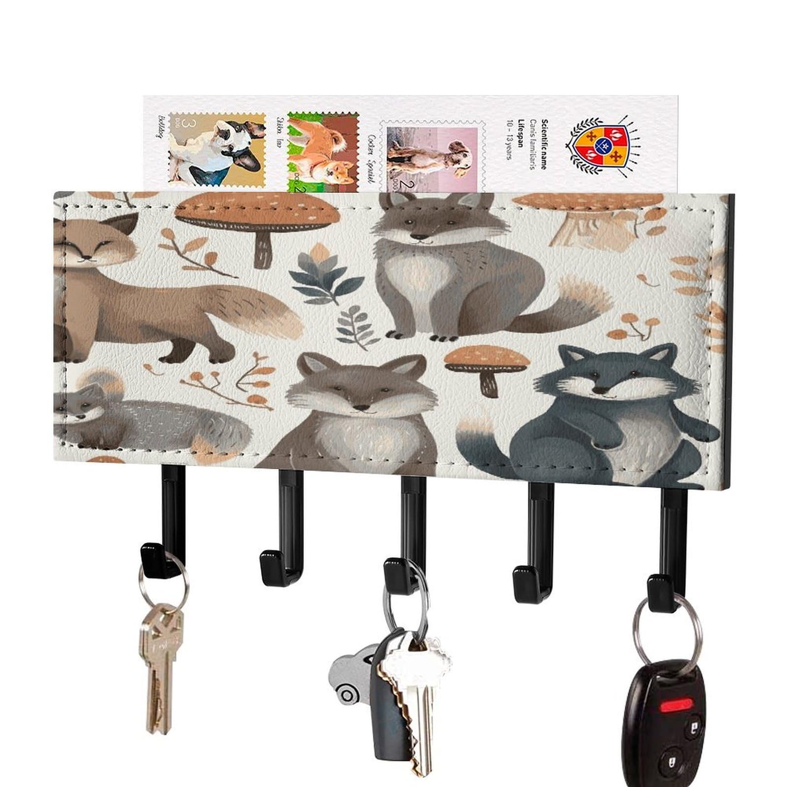 FekiLoot Woodland Raccoon Animals Key Holder Wall Mount Key and Mail Holder Key Hanger with 5 Hooks Decorative PU Key Rack Hanging Key Hooks for Wall Living Room Kitchen Bathroom Hallway Black-Style