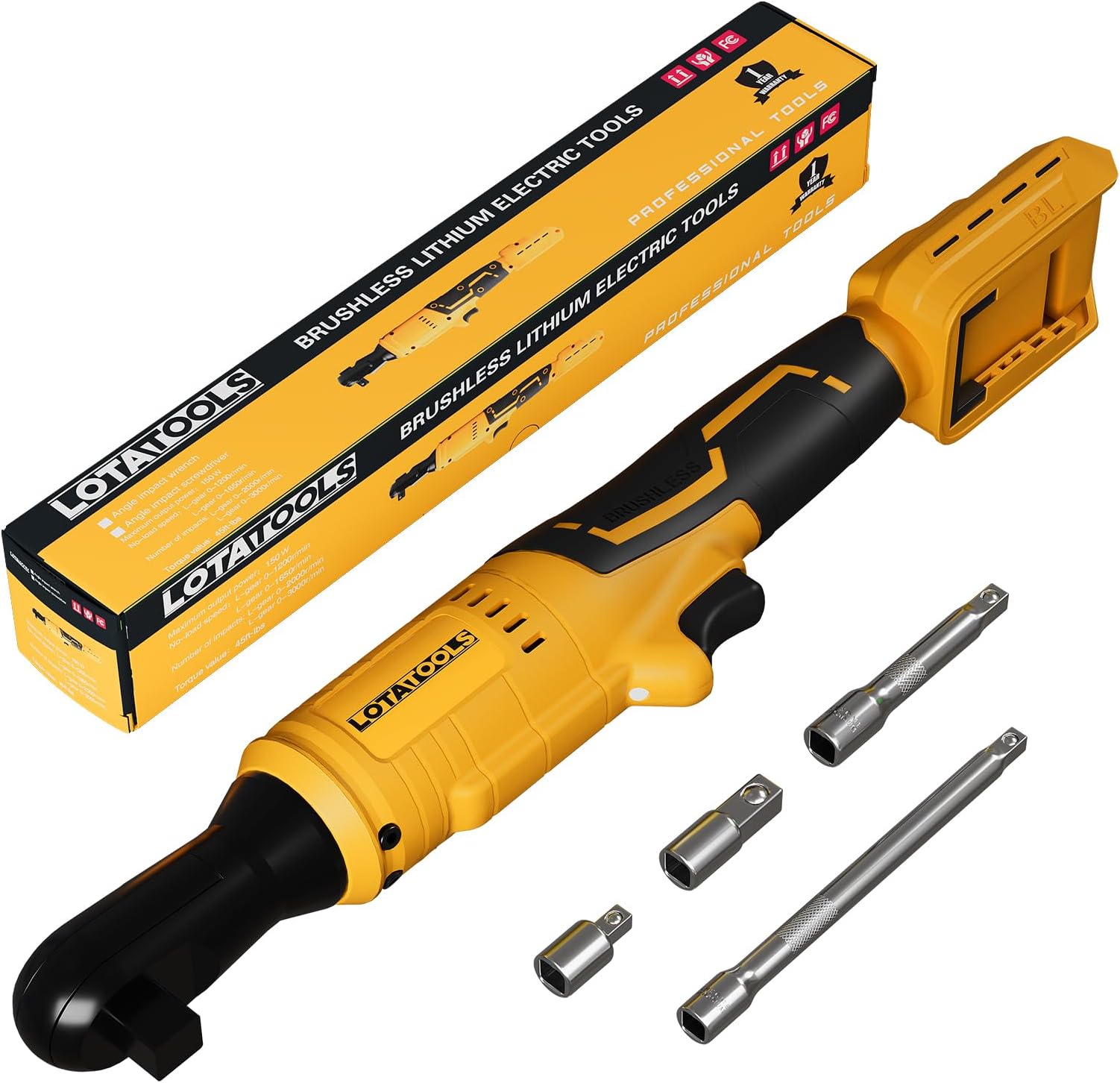 Electric Cordless Ratchet 3/8", 45lb-ft Electric Ratchet Wrench, Brushless Square Drive Electric Wrench with Extension Bar, 1/4" Adapter & 3" Extension Bar Compatible with DEWALT Battery(Tool Only)