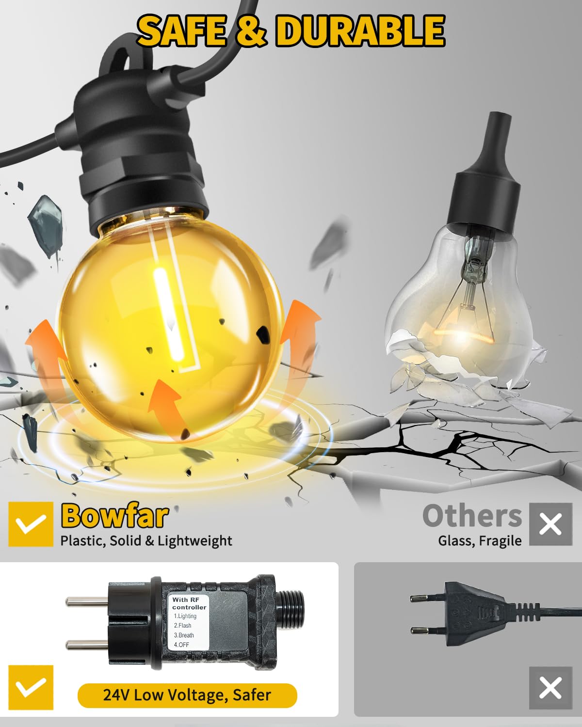 Cadena de luces para exteriores (30 m, G40, bombillas para balcón, cadena de luces) | 46 + 2 luces de jardín con mando a distancia, IP68, resistentes al agua, regulable, para terraza, fiesta, boda