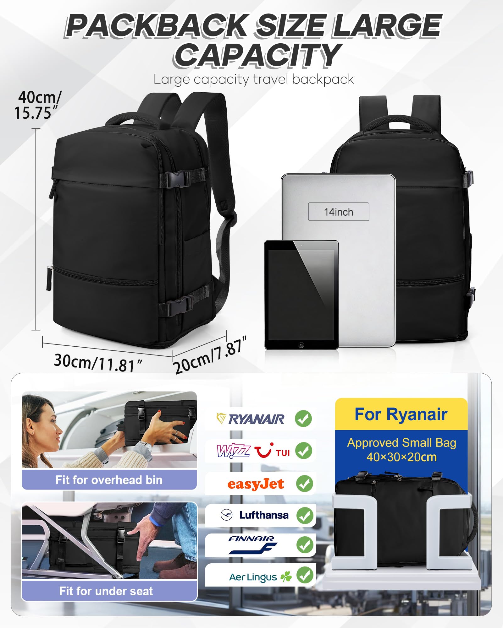 SZSYCN Zaino da Viaggio con Sottovuoto Ryanair 40x30x20 Wizzair Borse da Cabina per Ryanair 40x20x25 Bagaglio a Mano Sottovuoto con pompa,Zaino Casual per Laptop