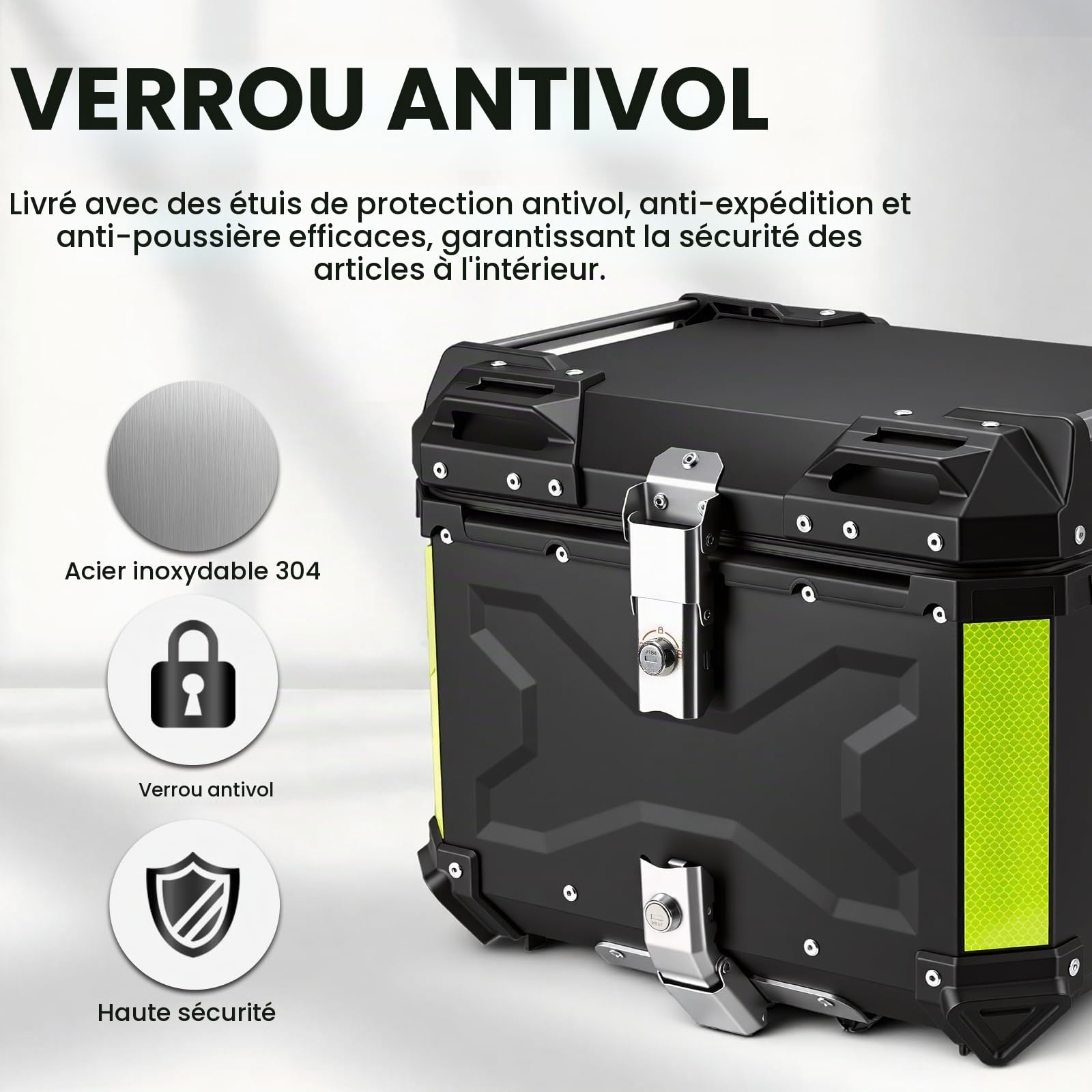 Top Case Universel pour Moto 45L, avec Dossier et Serrure de Sécurité, Coffre de Rangement pour Casque de Moto Étanche, Aluminium，Support de Fixation Universel (Noir)