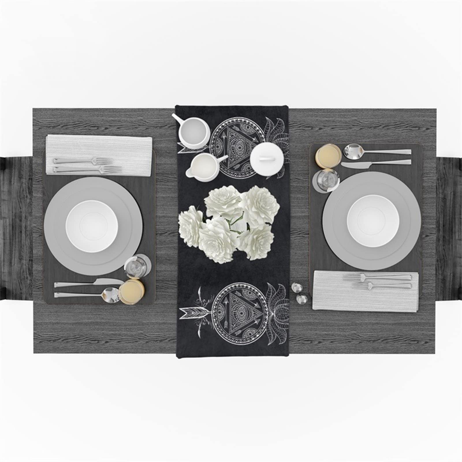 Chemin de table vintage bohème noir 33x178cm coton lin table à manger - 4