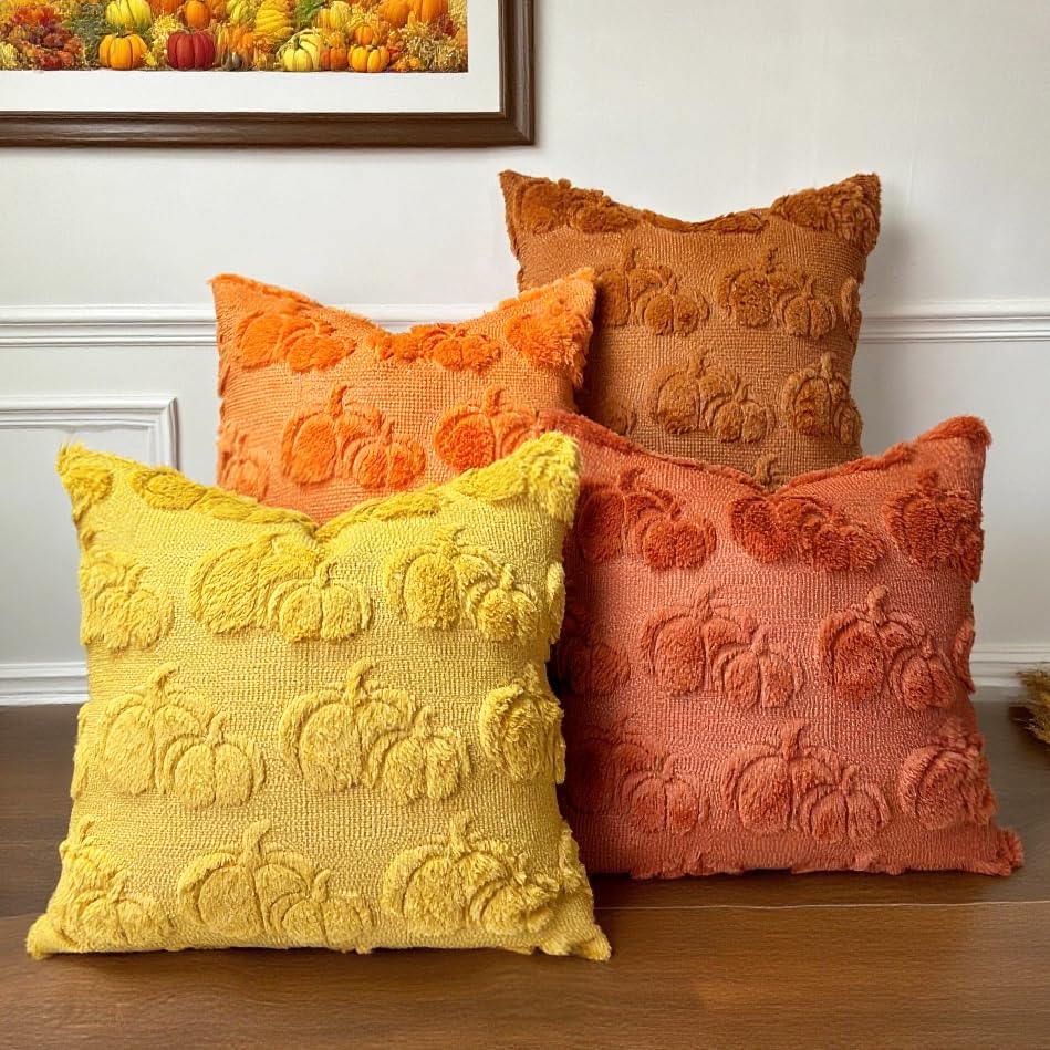 Booque Valley 4 Packs Fall Throw Pillow Covers Soft Plush Faux Fur 3D Embroidery Rust Pumpkin Decorative Pillowcases