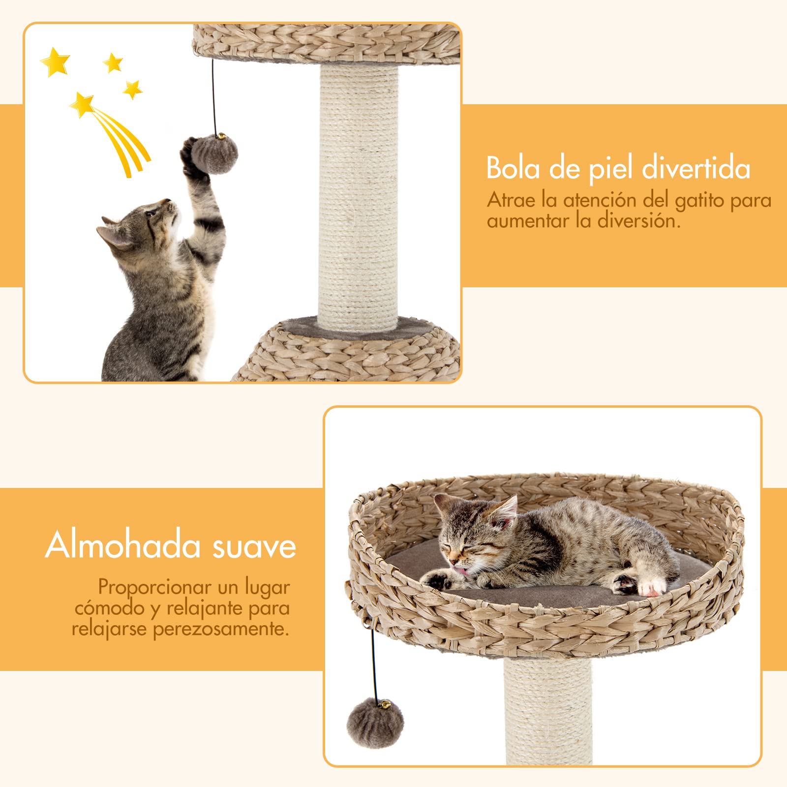 COSTWAY Árbol para Gatos de Interior con Palo Rascador en Sisal Natural, Posadero y Nicho Relajante, Pelota Juguete Colgando, Centro Actividad Torre para Gatos Versátil y a la Moda, Fácil de Montar