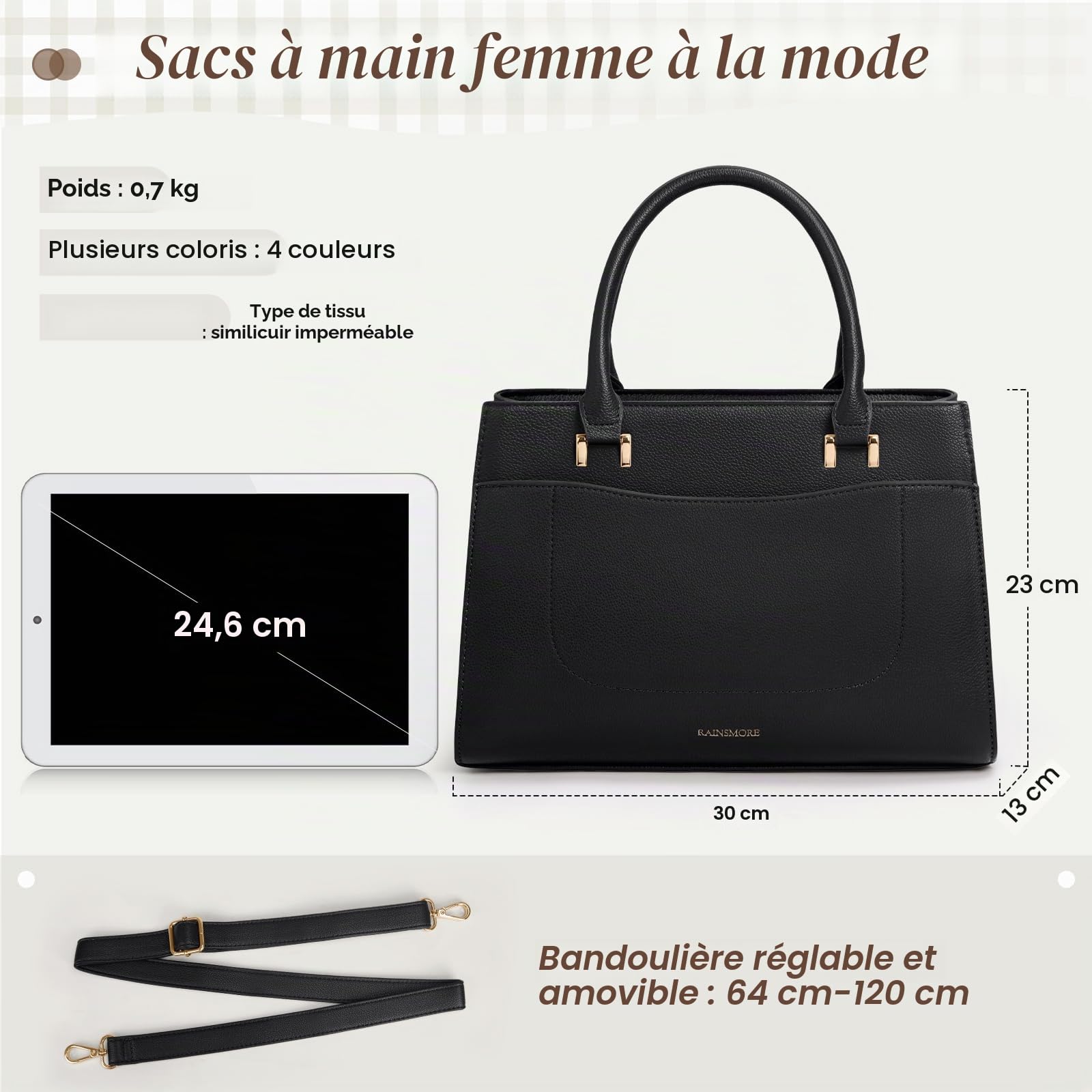 RAINSMORE Sac a Main Femme PU Cuir Sacs à Main Portés Sac à Bandoulière Cabas Fourre Tout Femme Imperméable pour Université Voyage Travail Décontracté