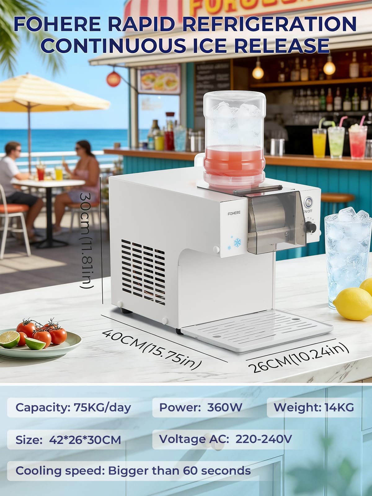 Máquina de hielo Snowflake, 60 kg/24 h, velocidad ajustable, enfriamiento rápido, para cócteles helados, batidos y zumos congelados.