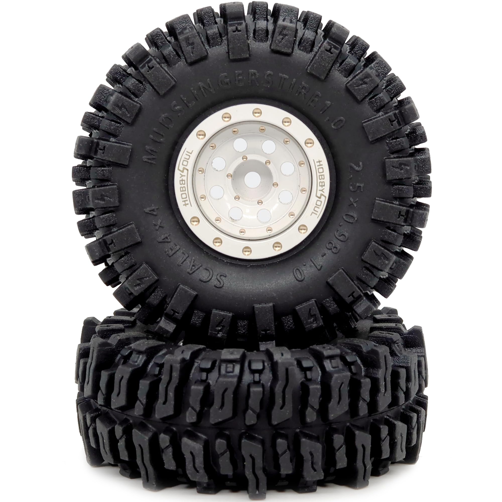 Hobbysoul 4pc 1.0 Beadlock Wheels & Tires For RC Crawlers – Fits SCX24, TRX4M, 7mm Hex, Soft Tires