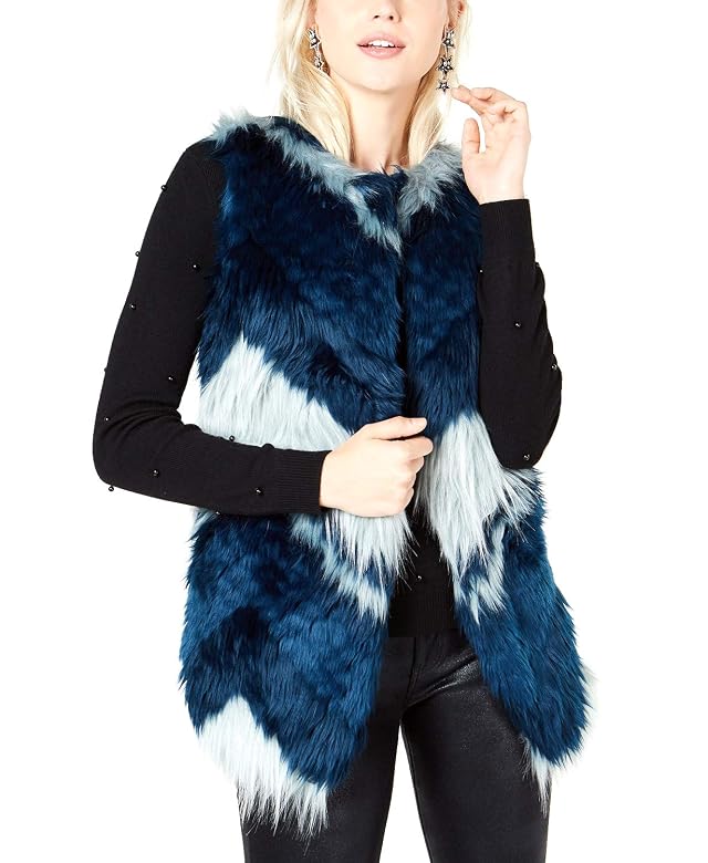 bar III Womens Faux-Fur Patchwork Vest Blue Patchwork Medium