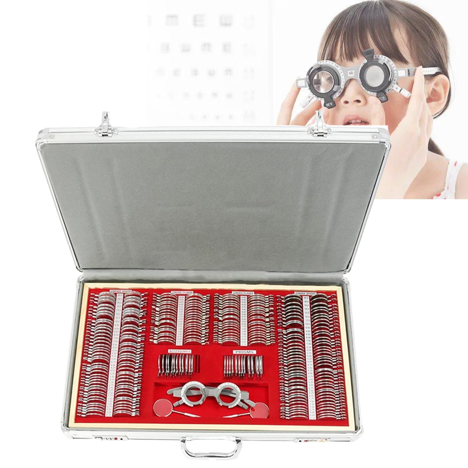 Ensemble de lentilles d'optométrie - Kit de 266 lentilles d'essai optiques professionnelles avec étui à monture métallique et monture de test pour la protection des yeux et des tests de vision pr