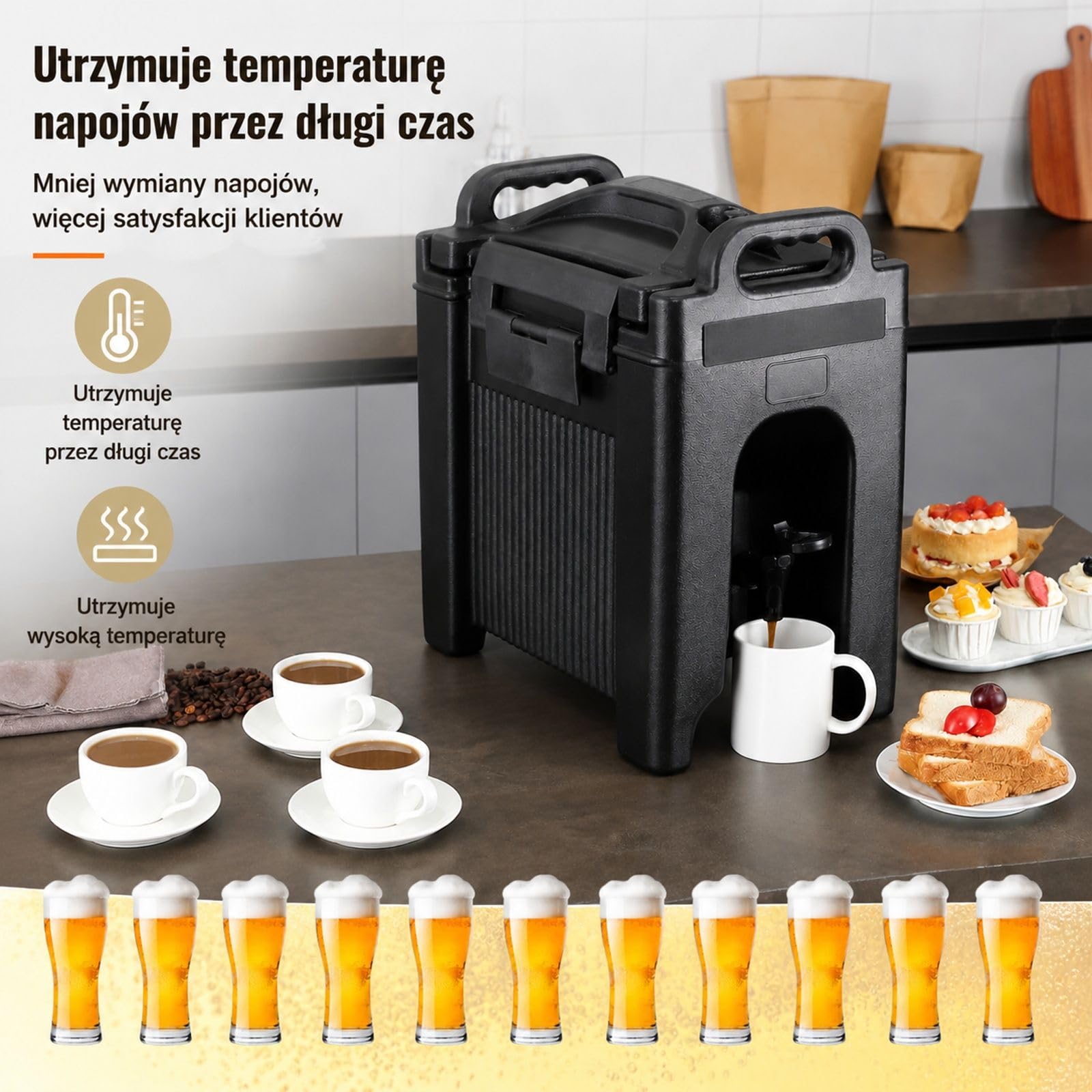 Dozownik napojów 9,5 l LDPE z kranikiem, do gorącej i zimnej kawy, mleka, wody, soku, dzbanek izolowany dla 1-2 osób