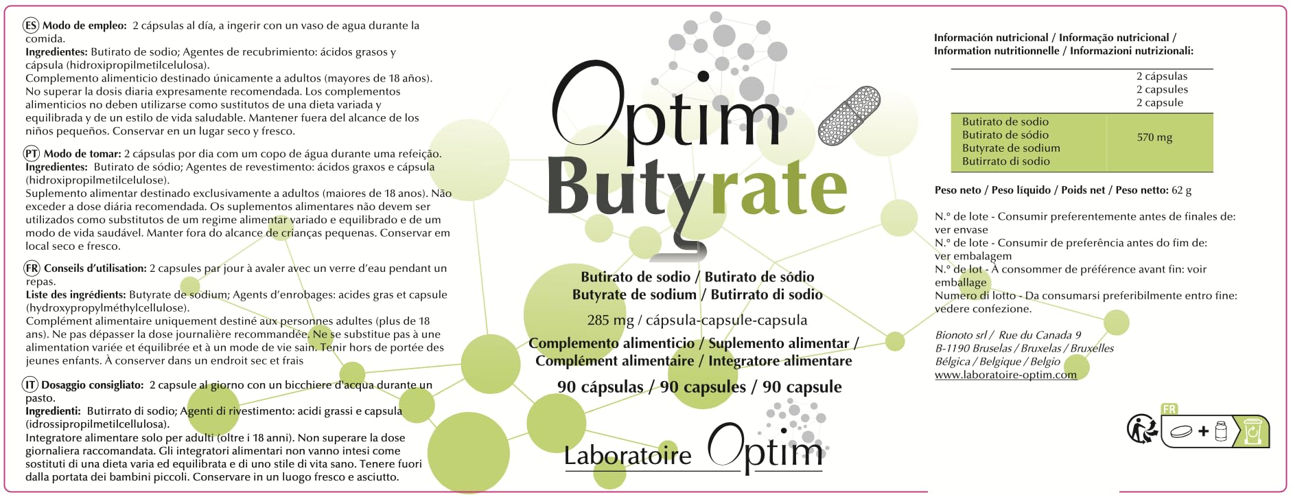 OPTIM Butyrate - Suplemento de Butirato de Sodio 285 mg para Microbiota - Liberación Progresiva Microencapsulado - 90 Cápsulas - Ácido Butírico para Bienestar Intestinal y Colon