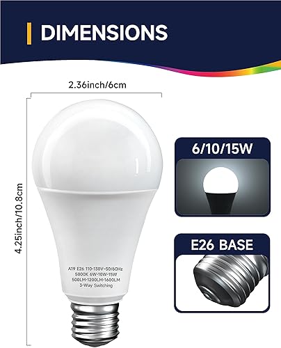 Miniatura 3 de Bombillas LED de 3 vías, luz diurna blanca, 5000 K, bombillas de 3 vías equivalentes a 30 70 100 W, bombillas A19 de tres vías, base media E26,