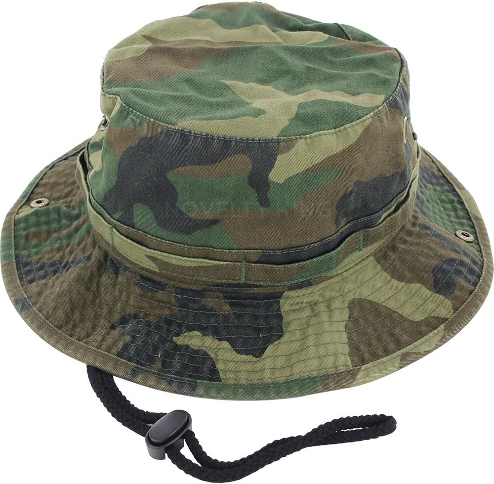 100% Cotton Boonie Fishing Bucket Hat with String ,Woodland Camo ,Small/Medium