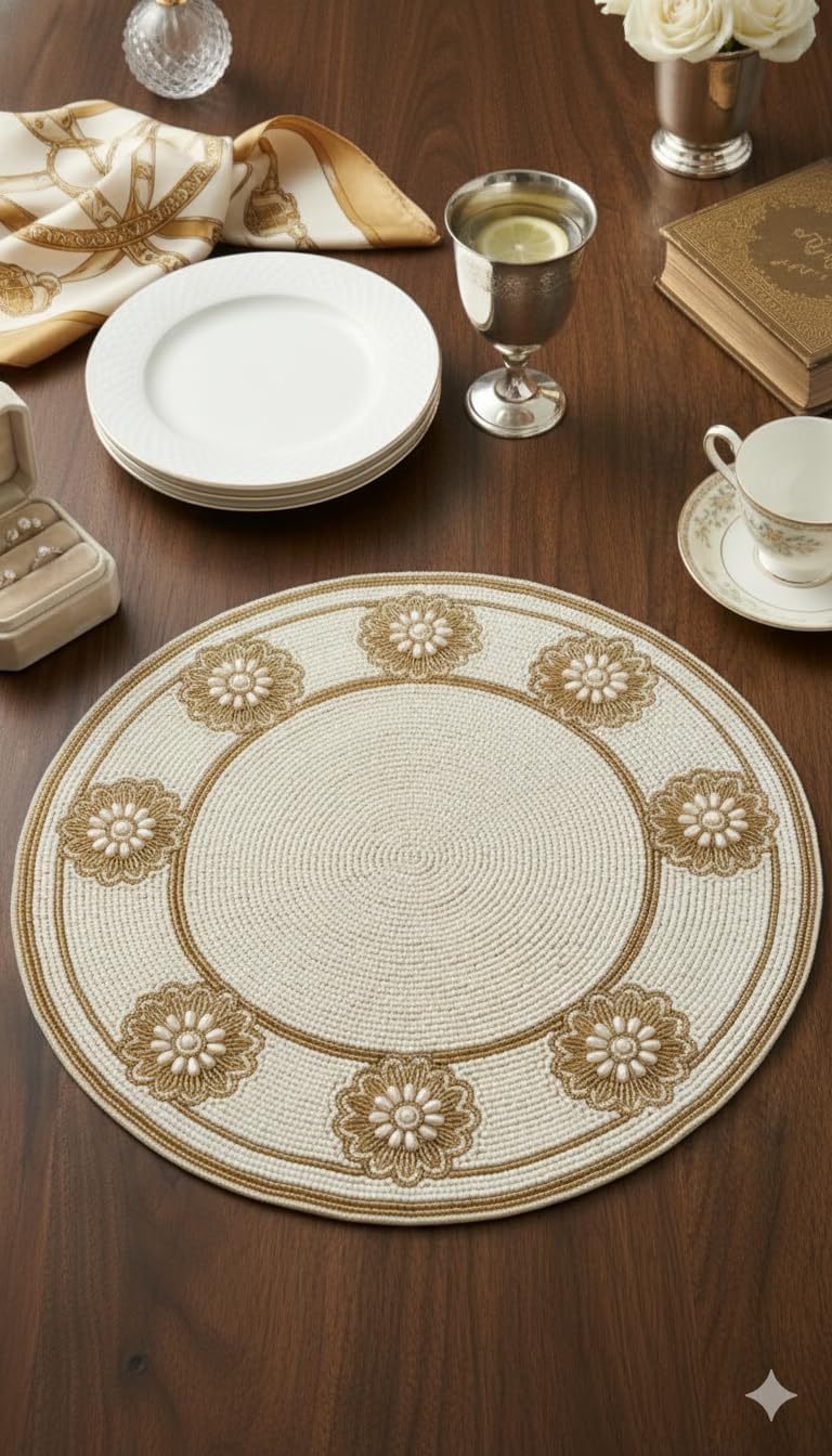 Set of 2 Handmade Beaded Placemats, 14x14 inch Round Luxury Table Mats with Floral Pearl Accents, Decorative Gold and Cream Chargers for Dining Room, Wedding, and Gala Decor.