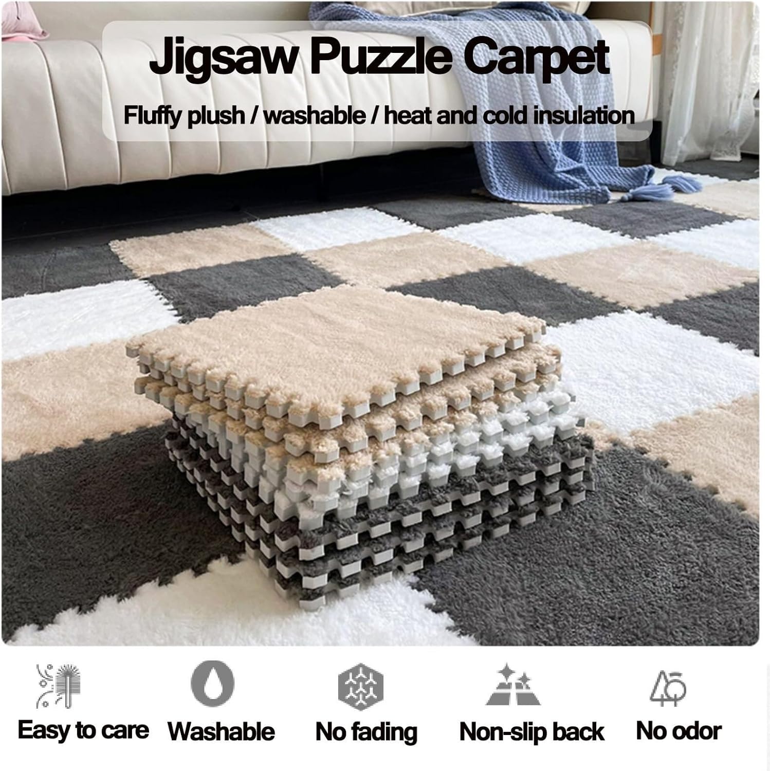 10pcs/Thick 0.4"/24x24 in/Plush Puzzle Foam Floor Mat Carpet, Squares Interlocking Fluffy Soft Foam Mats, for Playroom(Light Brown+White)