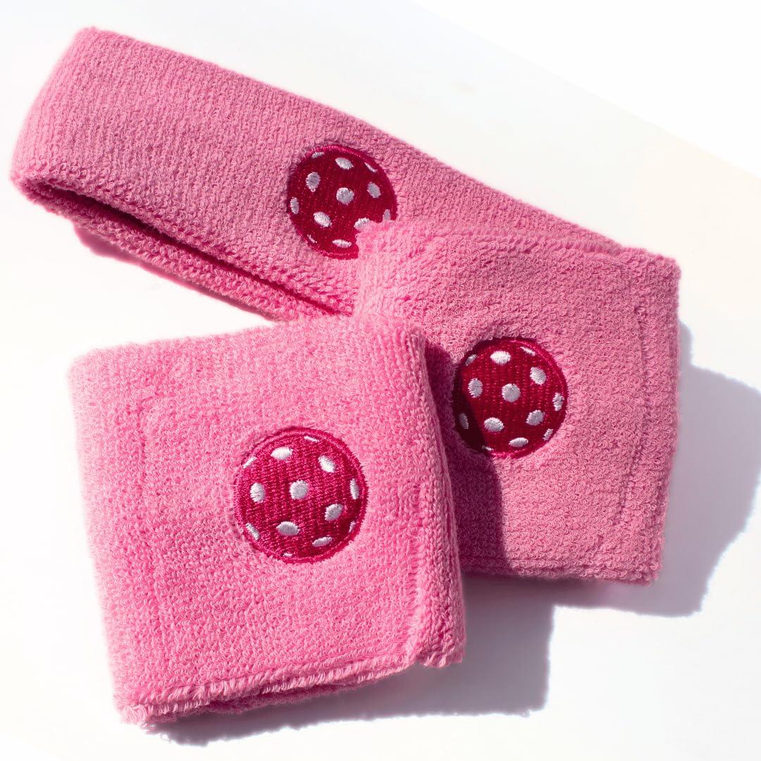 Pickleball Headband, Sweatband Set | Pickleball Equipment | Pickleball Gift | 100% Cotton Absorbent Terry Cloth (Pink)